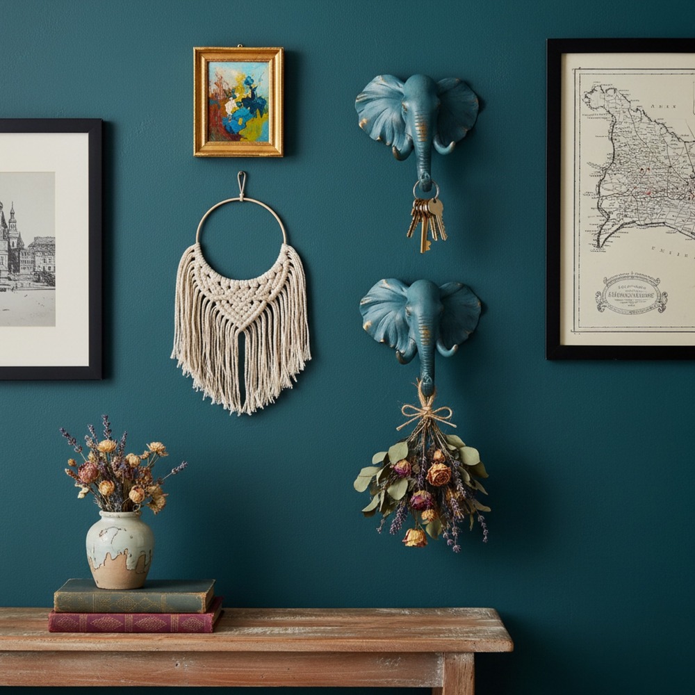 Bohemian Boho Elephant Head Wall Hooks Set of 2 Green Bronze Resin Safari Decor